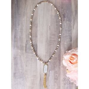 Oval Iridescent Pendent Necklace, White/Grey